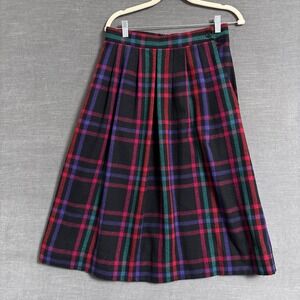 Vintage Leslie Fay Skirt S Red Green Purple Plaid Wool Pleat Midi Preppy Holiday